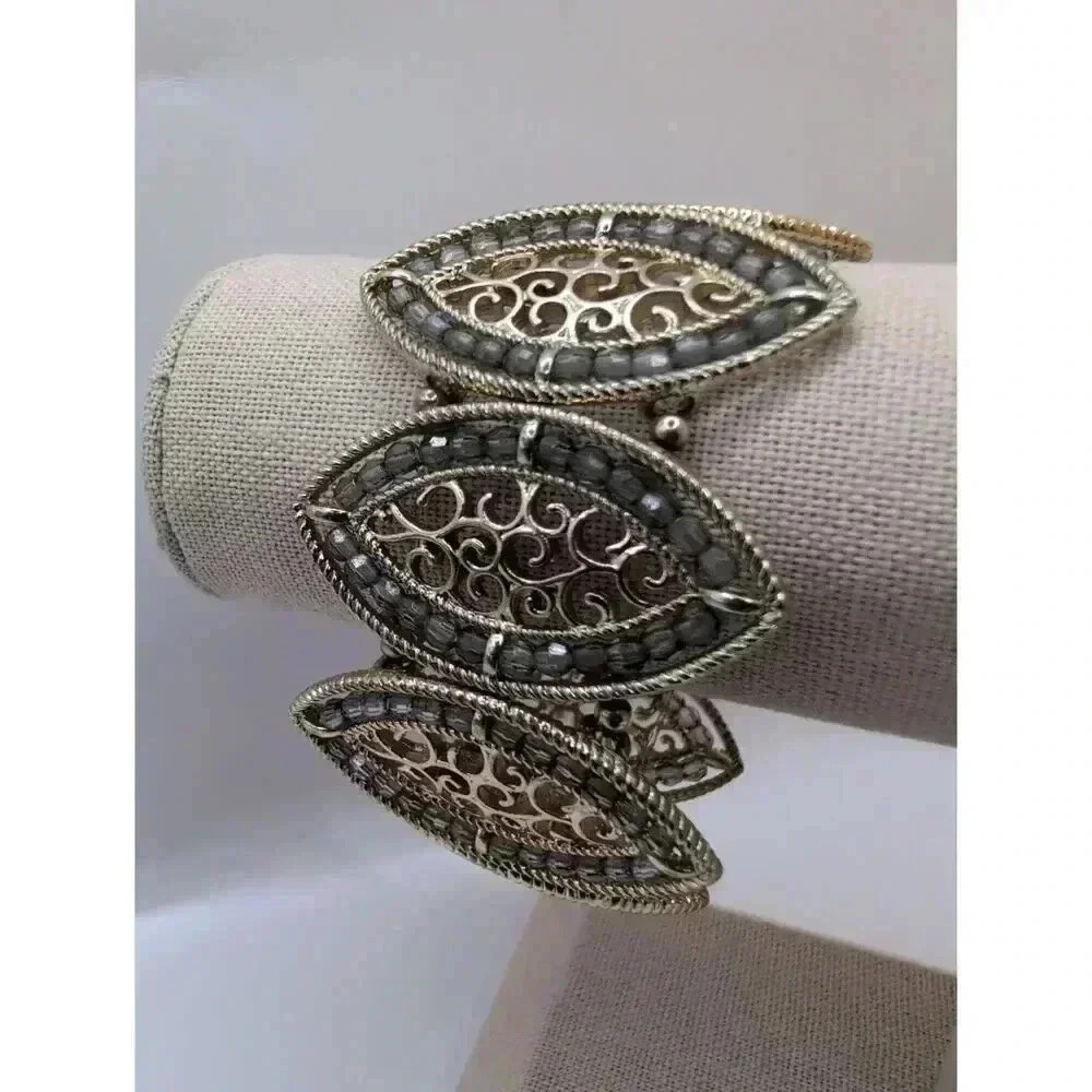 Boutique Goldtone Gray Beaded Filigree Bracelet